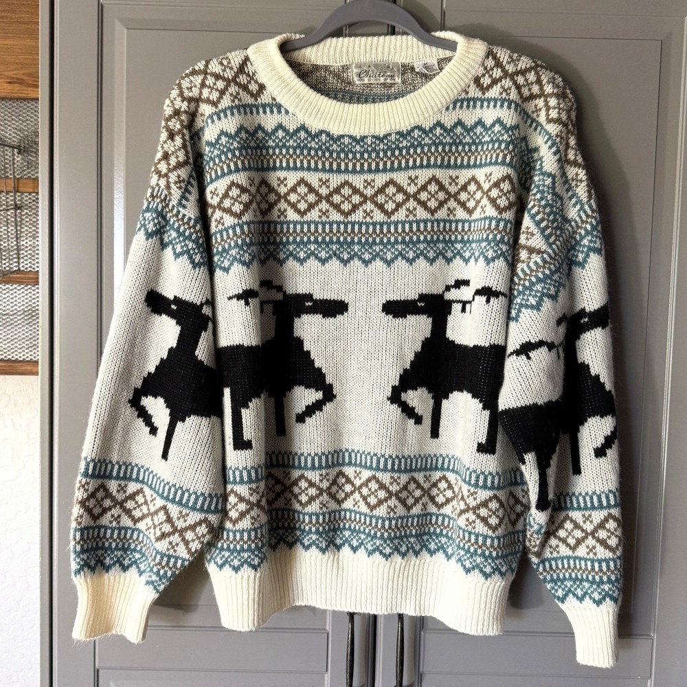 Chateau Vintage Mens Fair Isle‎ Reindeer Knit LS Sweater, Cream Blue Tan Black,M